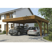 Doppelcarport aus Holz mit zwei parkenden Autos