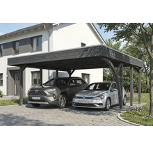 Doppelcarport aus Holz mit zwei parkenden Autos vor einem Haus