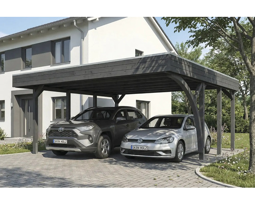 Doppelcarport aus Holz mit zwei parkenden Autos vor einem Haus