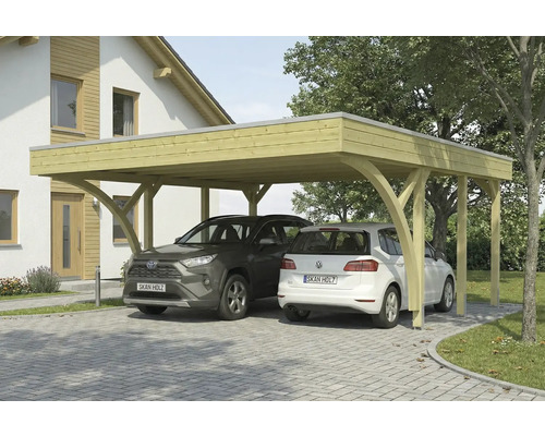 Holz Carport mit zwei parkenden Autos vor einem Haus
