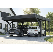 Doppelcarport aus Holz mit zwei geparkten Autos