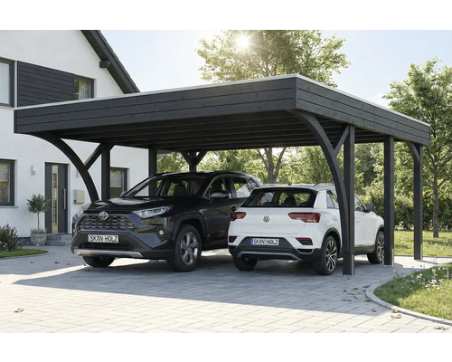 Doppelcarport aus Holz mit zwei geparkten Autos