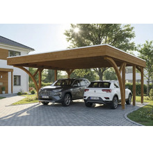 Doppelcarport aus Holz mit zwei geparkten Autos