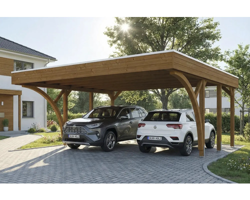 Doppelcarport aus Holz mit zwei geparkten Autos