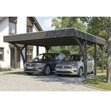 Doppelcarport aus Holz mit zwei parkenden Autos