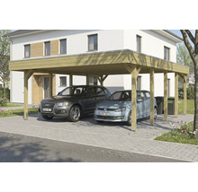 Doppelcarport aus Holz mit zwei geparkten Autos