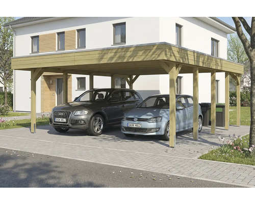 Doppelcarport aus Holz mit zwei geparkten Autos