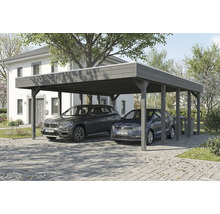 Doppelcarport aus Holz mit zwei geparkten Autos