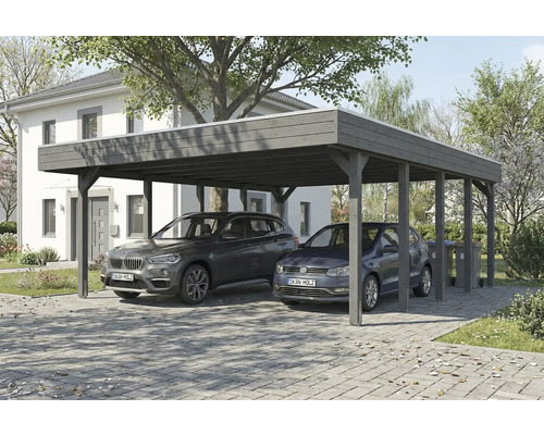 Doppelcarport aus Holz mit zwei geparkten Autos