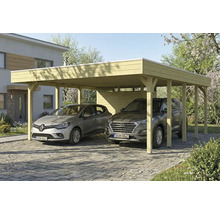 Doppelcarport aus Holz mit zwei parkenden Autos