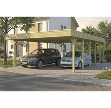 Doppelcarport aus Holz mit zwei geparkten Autos