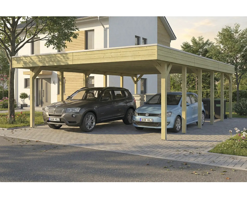 Doppelcarport aus Holz mit zwei geparkten Autos
