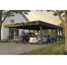 Carport aus Holz mit mehreren geparkten Autos