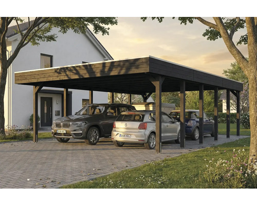 Carport aus Holz mit mehreren geparkten Autos