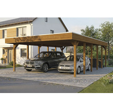 Doppelcarport aus Holz mit zwei geparkten Autos