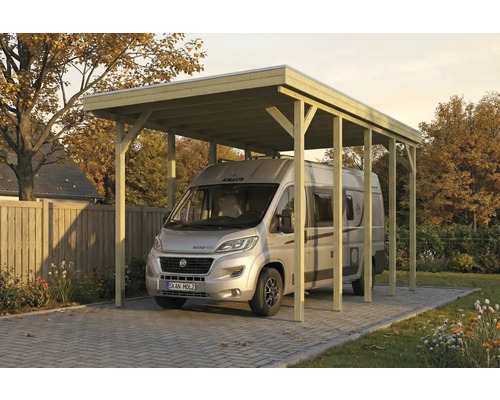 Carport aus Holz mit Wohnmobil auf gepflastertem Untergrund