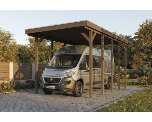 Wohnmobil unter einem Holzcarport