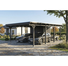Doppelcarport aus Holz mit zwei Autos und einem Anhänger