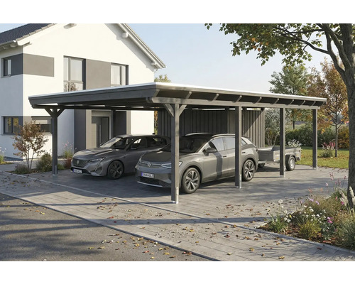 Doppelcarport aus Holz mit zwei parkenden Autos und einem Anhänger