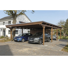 Doppelcarport aus Holz mit zwei Autos und einem Anhänger