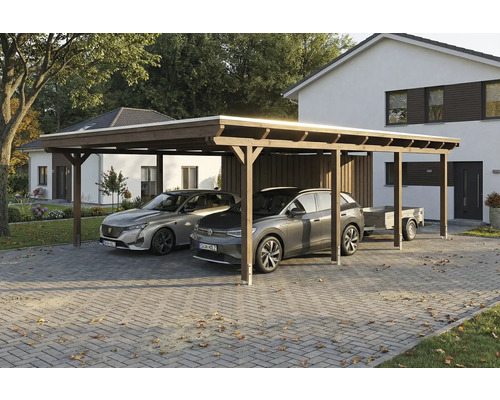 Doppelcarport aus Holz mit zwei Autos und einem Anhänger im Hof