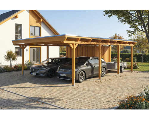 Doppelcarport aus Holz mit zwei geparkten Autos und einem Anhänger