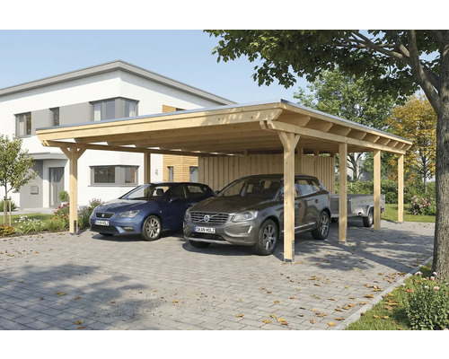 Doppelcarport aus Holz mit zwei parkenden Autos