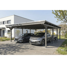 Doppelcarport aus Holz mit zwei Autos und einem Anhänger