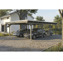 Doppelcarport aus Holz mit zwei Autos und Anhänger