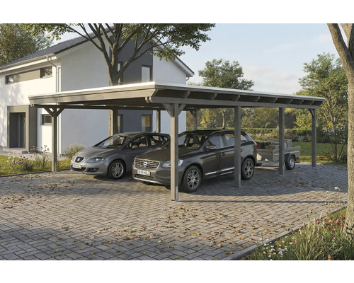 Doppelcarport aus Holz mit zwei Autos und Anhänger