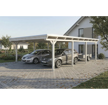 Carport aus Holz mit zwei Autos und einem Anhänger