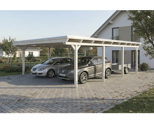 Carport aus Holz mit zwei Autos und einem Anhänger
