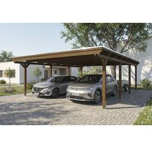 Doppelcarport aus Holz mit zwei parkenden Autos