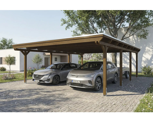 Doppelcarport aus Holz mit zwei parkenden Autos