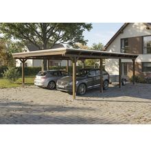 Doppelcarport aus Holz mit zwei parkenden Autos und einem Anhänger