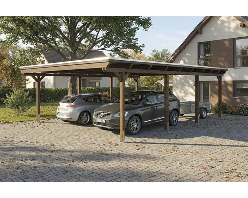 Doppelcarport aus Holz mit zwei parkenden Autos und einem Anhänger