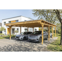 Doppelcarport aus Holz mit zwei geparkten Autos