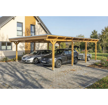 Doppelcarport aus Holz mit zwei Autos und Anhänger