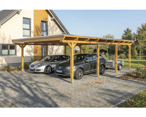 Doppelcarport aus Holz mit zwei Autos und Anhänger