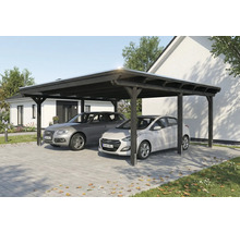 Doppelcarport aus Holz mit zwei geparkten Autos