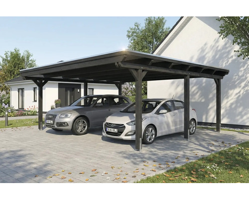 Doppelcarport aus Holz mit zwei geparkten Autos