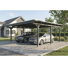 Doppelcarport aus Holz mit zwei parkenden Autos