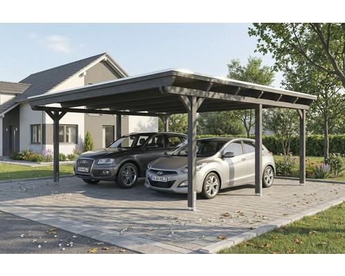 Doppelcarport aus Holz mit zwei parkenden Autos