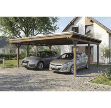 Doppelcarport aus Holz mit zwei parkenden Autos vor einem Haus