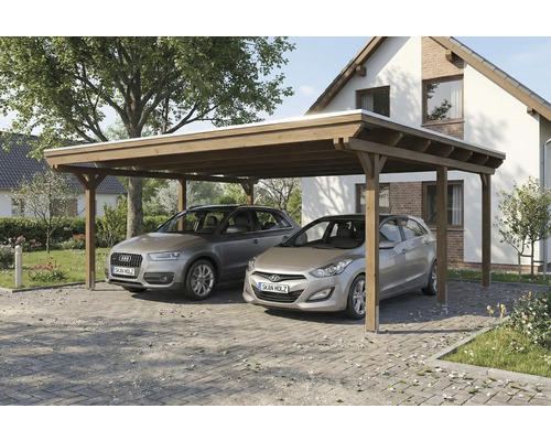 Doppelcarport aus Holz mit zwei parkenden Autos vor einem Haus