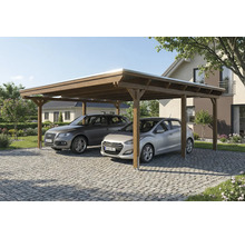 Doppelcarport aus Holz mit zwei parkenden Autos
