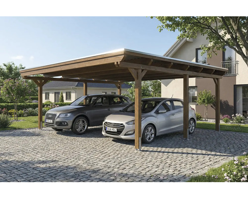 Doppelcarport aus Holz mit zwei parkenden Autos