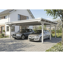 Doppelcarport aus Holz mit zwei parkenden Autos vor einem Haus