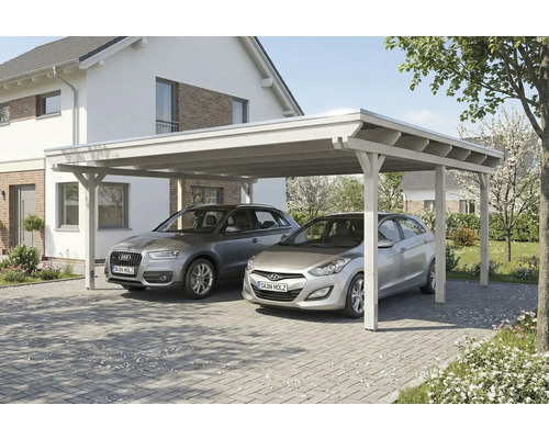 Doppelcarport aus Holz mit zwei parkenden Autos vor einem Haus