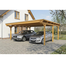 Doppelcarport aus Holz mit zwei parkenden Autos